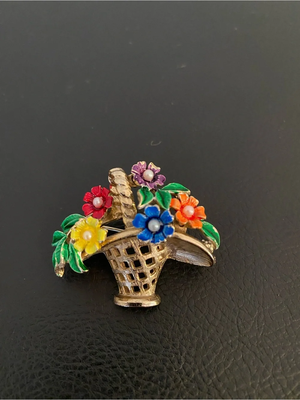 Vintage St. Labre Jewelry Co, Gold Floral Basket Brooch w/ Multi Enamel Flowers